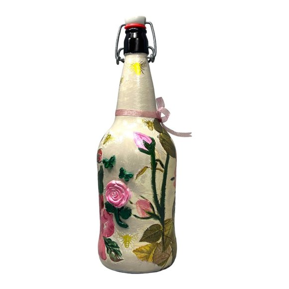 Hand Painted, Decoupaged and Clay Molded Flip Top Glass Bottle Vintage 3D Roses - Picture 6 of 15